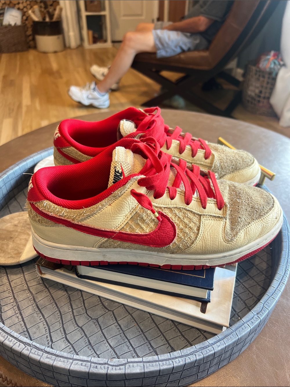 Nike Men's Dunks- strawberry waffle- Cream and Red Low-Top Athletic Sneakers